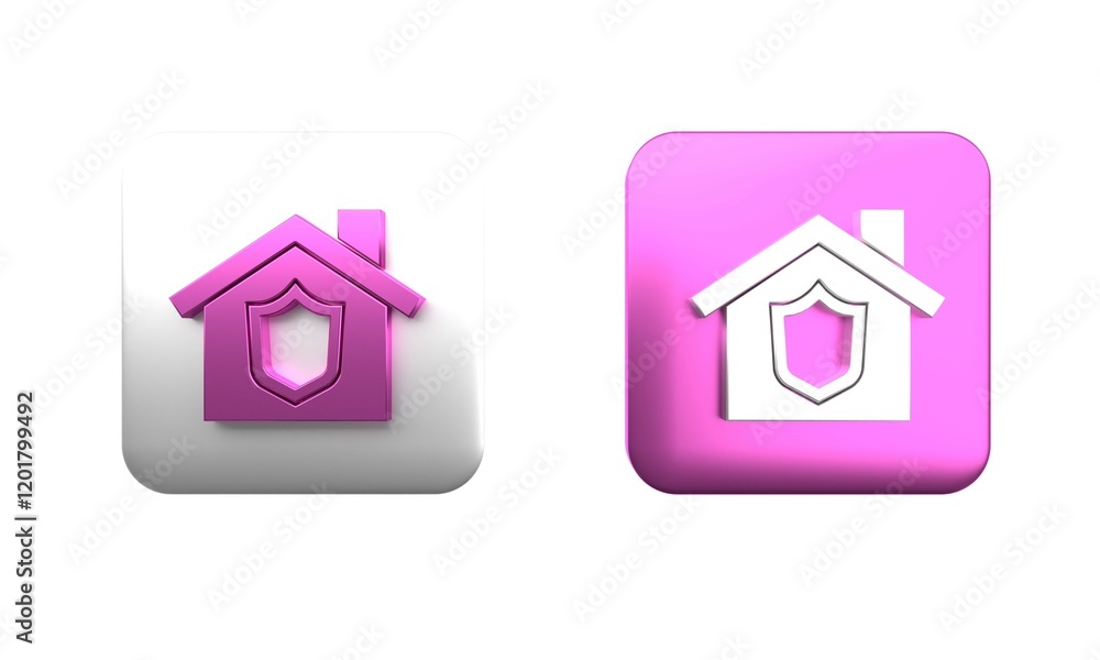 Colorful House with shield icon isolated on white background. Insurance concept. Security, safety, protection, protect concept. Square button. 3D render illustration Colorful House with shield icon isolated on white background. Insurance concept. Security, safety, protection, protect concept. Square button. 3D render illustration