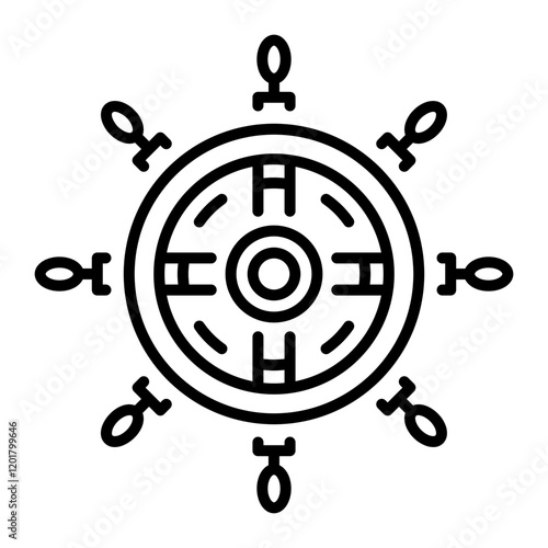 A linear icon of a ship wheel 