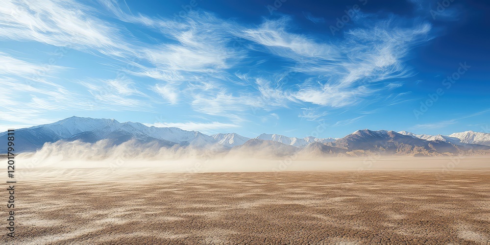 Fototapeta premium Wind blowing sand across a vast desert, with dunes in the background.