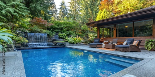 Fototapeta Naklejka Na Ścianę i Meble -  A backyard swimming pool with a waterfall feature and a cozy seating area.