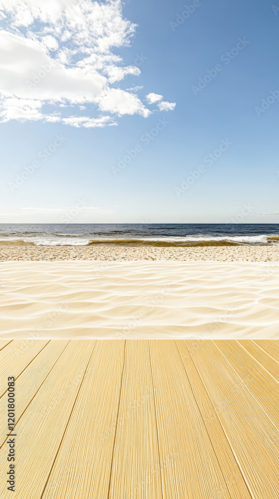 Fototapeta premium Serene beach view with wooden deck and gentle waves under clear blue sky