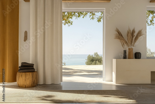 Bright coastal room with natural decor and open view of sandy beach under clear sky