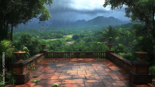 Rain drenched patio overlooks lush green valley and mountains