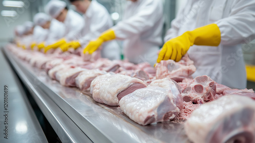 AI generator image of meat processing factory To produce ready-made food such as sausage and ham, employees are sorting meat such as pork and chicken.

