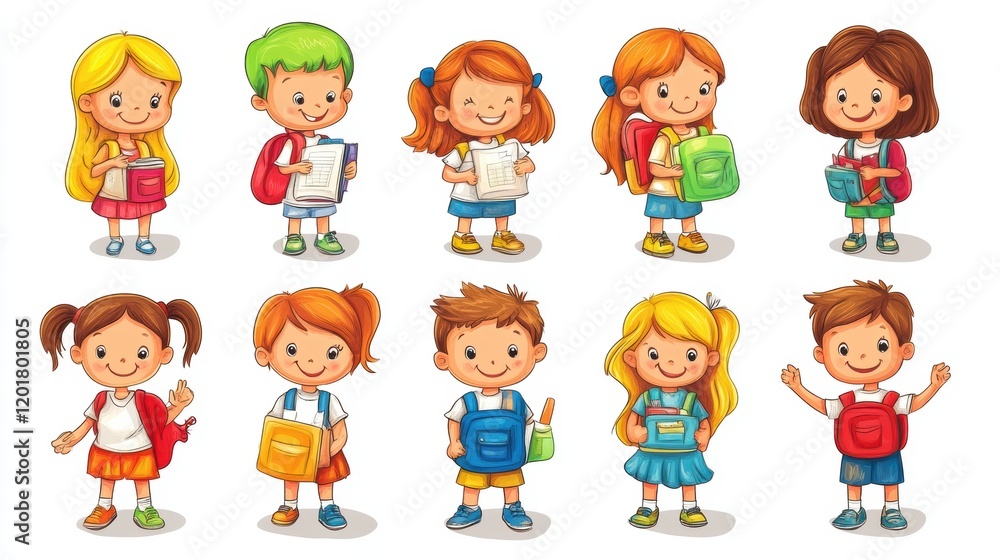Children with backpacks engaging in various school-related activities in a cheerful, colorful setting Children with backpacks engaging in various school-related activities in a cheerful, colorful setting