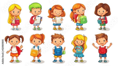 Wallpaper Mural Children with backpacks engaging in various school-related activities in a cheerful, colorful setting Torontodigital.ca