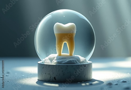 Tooth encased in a glass dome placed on a soft cushion, displayed on a gradient background. Represents dental care and hygiene protection photo