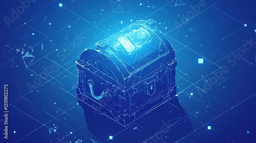 Glowing digital treasure chest on grid background.