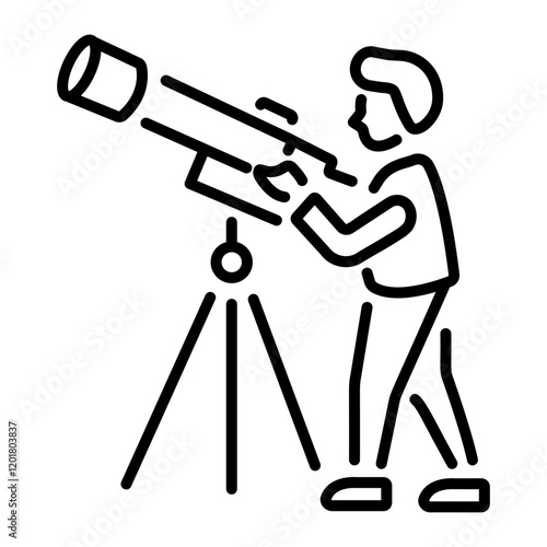 A linear icon of an astronomer gazing through a telescope 