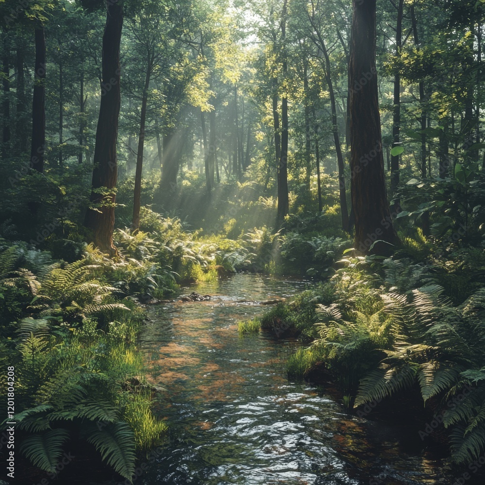 Fototapeta premium Lush Forest Scene with Ferns and Towering Trees