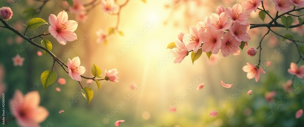 Blossoming cherry branches with pink flowers and petals illuminated by warm sunlight Blossoming cherry branches with pink flowers and petals illuminated by warm sunlight