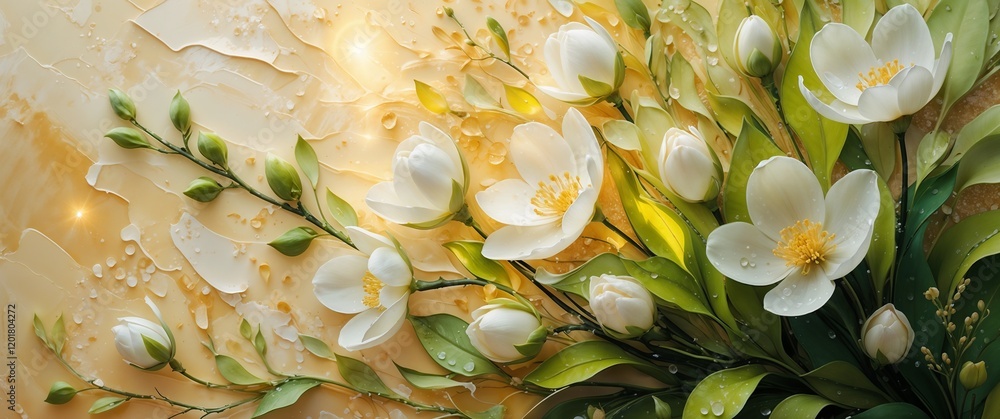 Fototapeta premium Elegant floral arrangement with white flowers and green leaves on a golden background for decoration