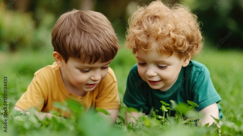 Two young children engaging in playful and discovery in a lush green outdoor setting bonding and growing together through their connection with nature and each other Two young children engaging in playful and discovery in a lush green outdoor setting bonding and growing together through their connection with nature and each other