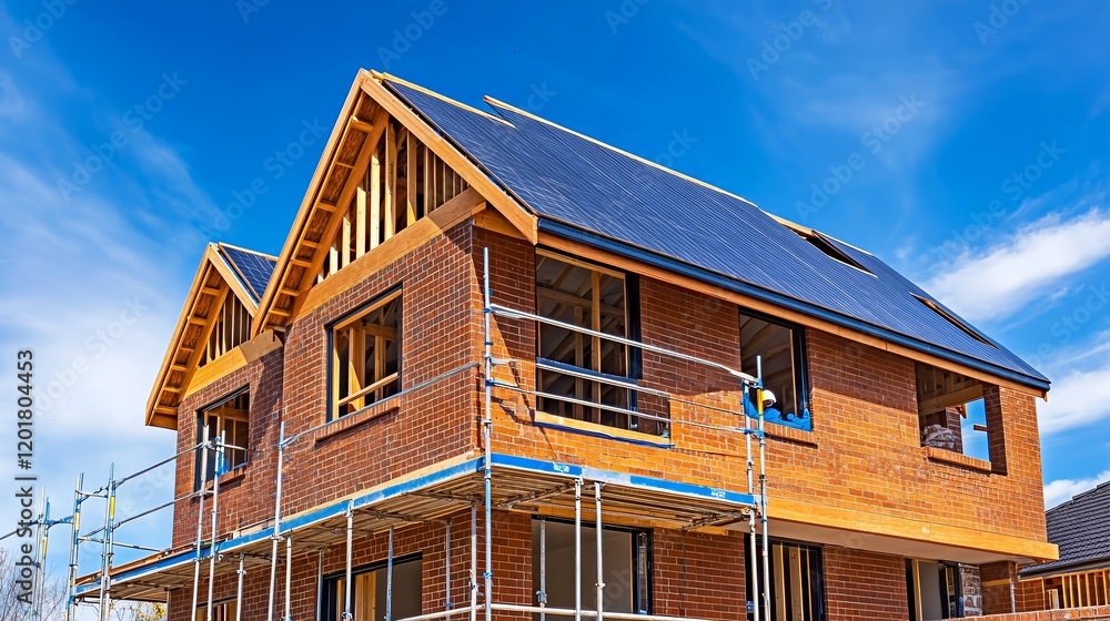 New construction home with scaffolding and solar panels under a blue sky. New construction home with scaffolding and solar panels under a blue sky.
