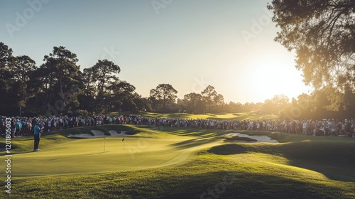 A dynamic image of a golf tournament, with spectators gathered near the 18th hole under a clear sky