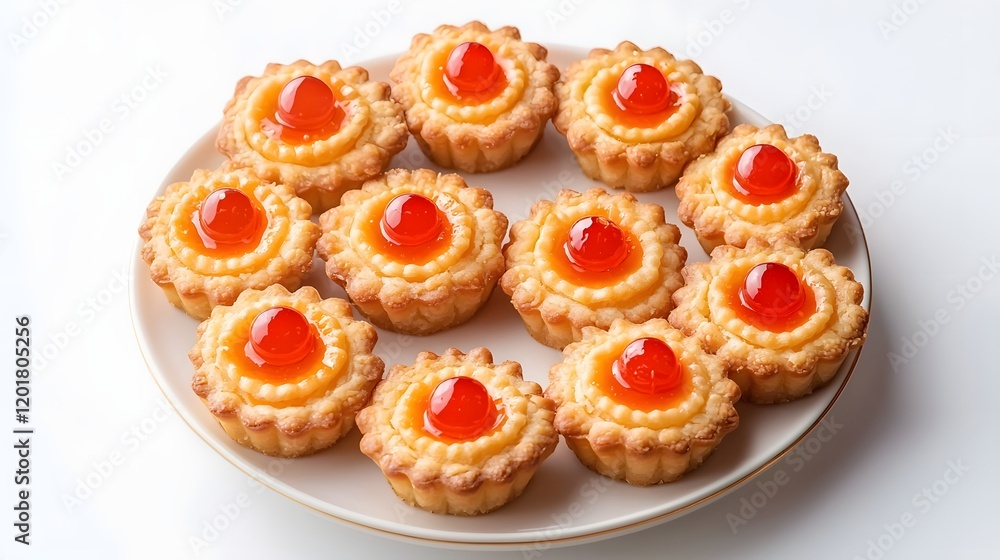 Festive Pineapple Tarts with Golden Crusts and Vibrant Red on a Plain White Background Festive Pineapple Tarts with Golden Crusts and Vibrant Red on a Plain White Background