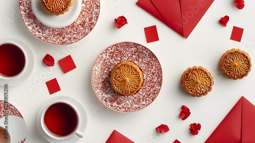 Traditional Chinese Mooncakes with Intricate Patterns and Tea Cups on White Background