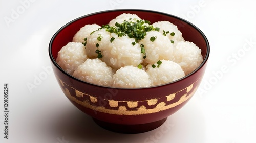 Artfully Arranged Glutinous Rice Dumplings Served in a Vibrant Red Bowl with Golden Accents