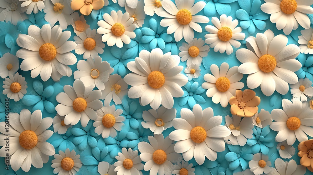 3D render of a seamless pattern of daisy flowers in plasticine, with a geometric edge and a turquoise and beige color scheme. 3D render of a seamless pattern of daisy flowers in plasticine, with a geometric edge and a turquoise and beige color scheme.