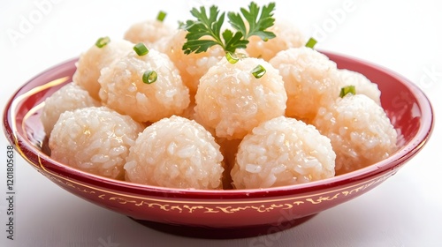 Artisanal Glutinous Rice Dumplings Presented in a Striking Red Bowl with Elegant Gold Accents