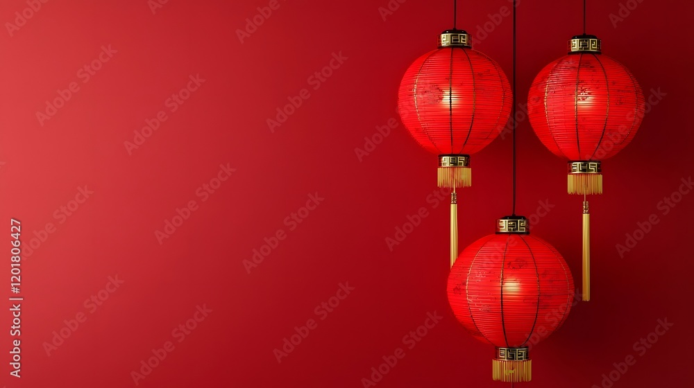 Elegant Traditional Chinese Red Lanterns Hanging in Festive Arrangement on Clean Red Background Elegant Traditional Chinese Red Lanterns Hanging in Festive Arrangement on Clean Red Background