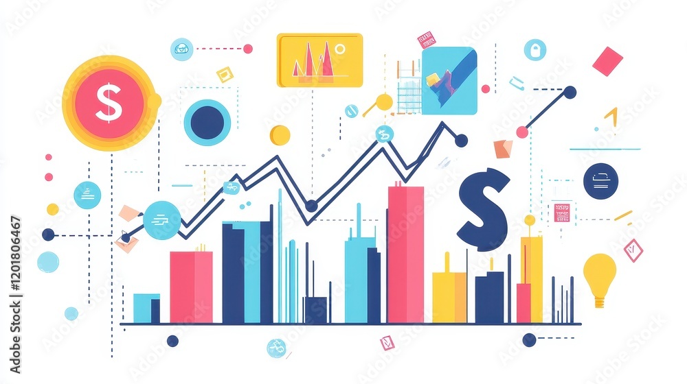 Business-themed background with a stock chart, corporate icons, and economic data, dynamic market trends. Business-themed background with a stock chart, corporate icons, and economic data, dynamic market trends.