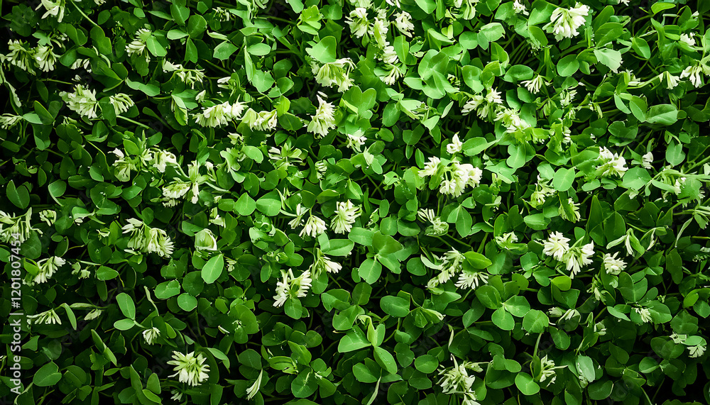 Surface with young clover shoots, flat lay, wallpaper Surface with young clover shoots, flat lay, wallpaper