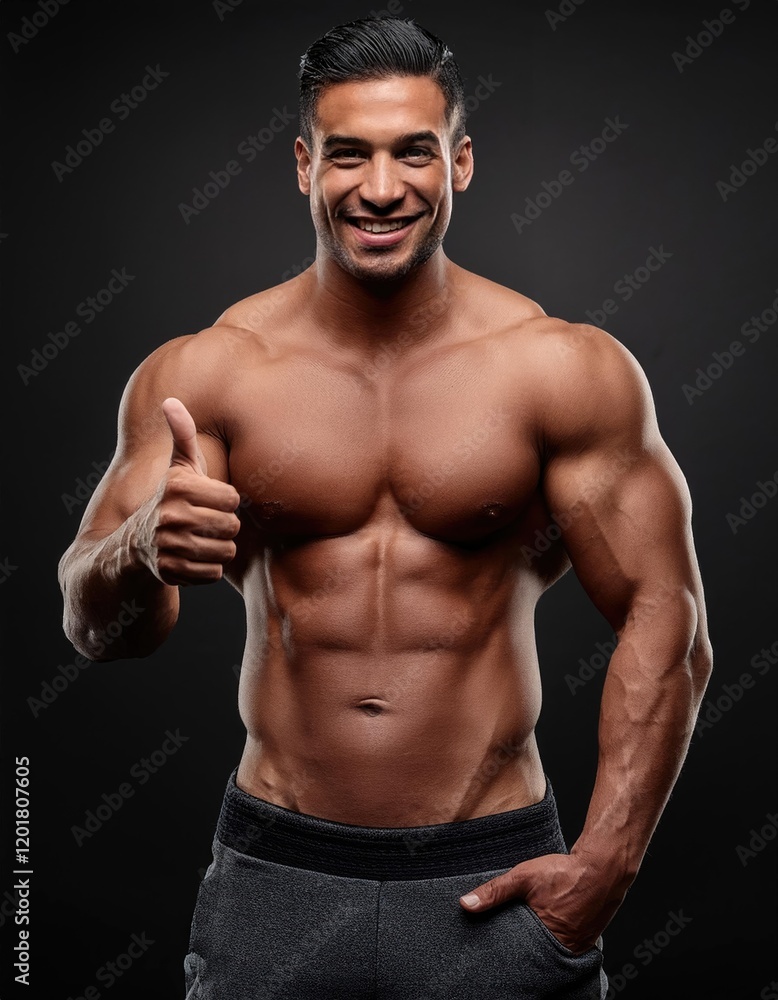 Fototapeta premium Muscular Man Shows Thumbs Up Smiling Against Dark Background