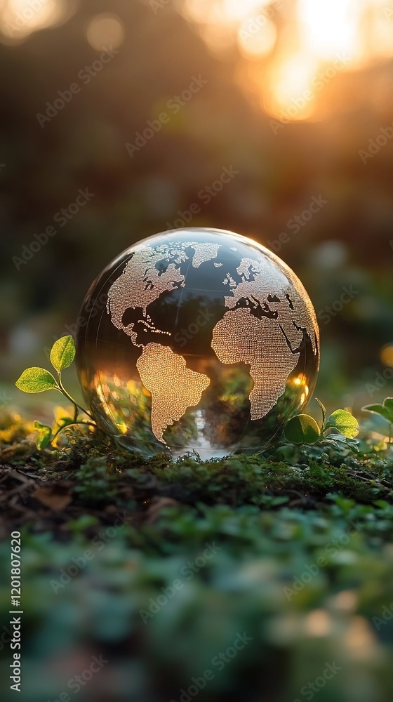 Glass globe on moss at sunset, representing global environment. Glass globe on moss at sunset, representing global environment.