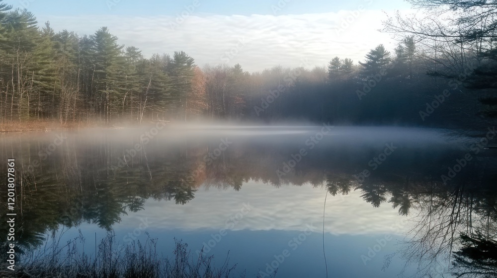 Misty morning on calm lake reflecting trees. Misty morning on calm lake reflecting trees.