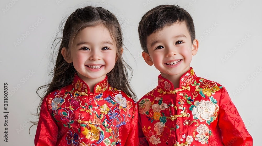 Cheerful Children in Ornate Chinese New Year Costumes on White Background Cheerful Children in Ornate Chinese New Year Costumes on White Background