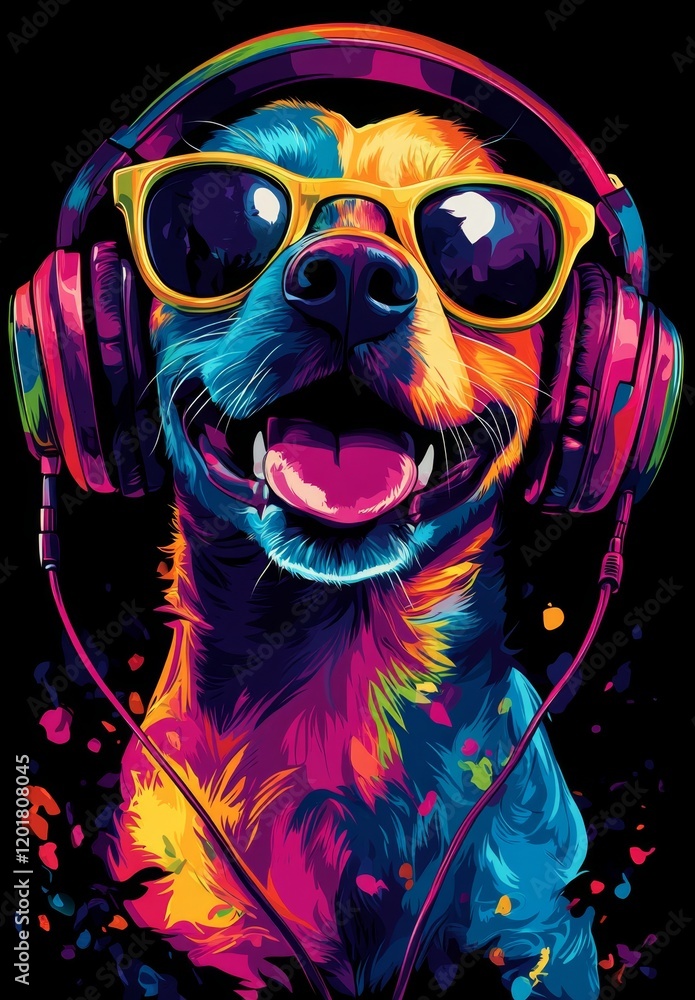 Fototapeta premium Colorful Dog Wearing Headphones in Punk Style