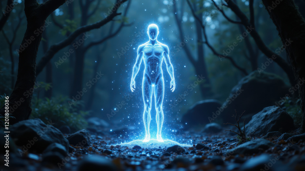 Fototapeta premium Translucent AI avatar amidst a mystical forest with ethereal blue energy.