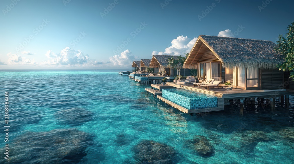 Experience the tranquility of a serene Maldives sunset, where overwater villas rise gracefully above crystal-clear waters, creating a picturesque paradise Experience the tranquility of a serene Maldives sunset, where overwater villas rise gracefully above crystal-clear waters, creating a picturesque paradise
