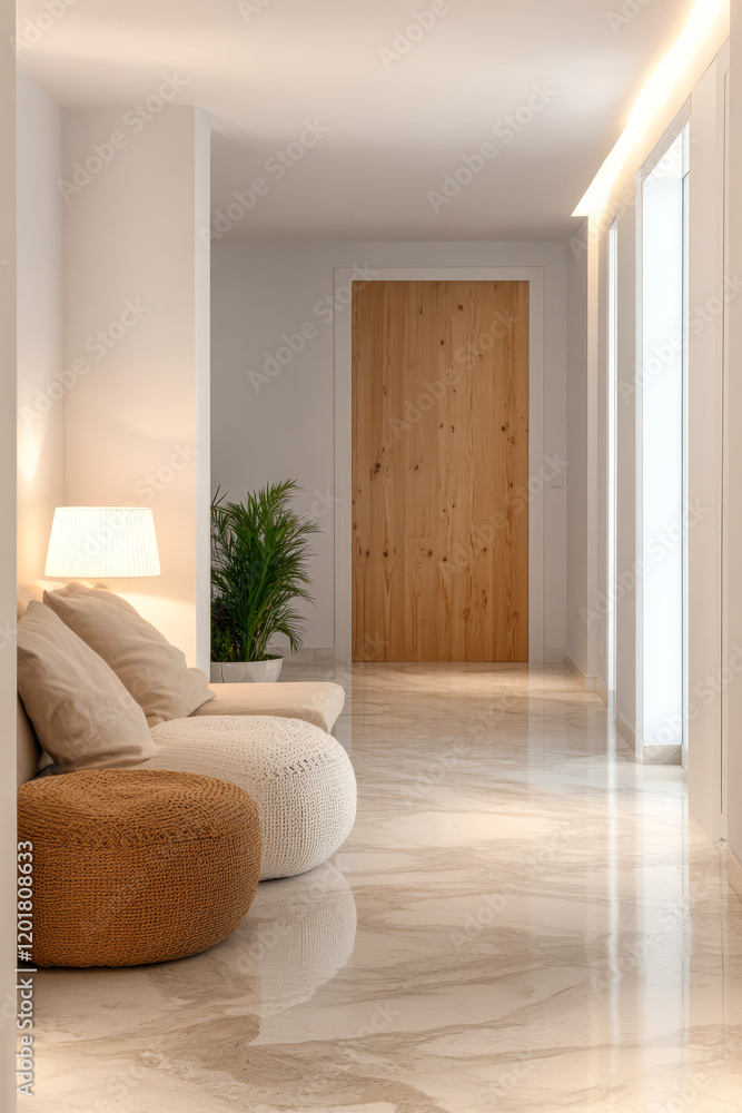 Fototapeta premium Cozy living space with natural light and modern design in a tranquil setting