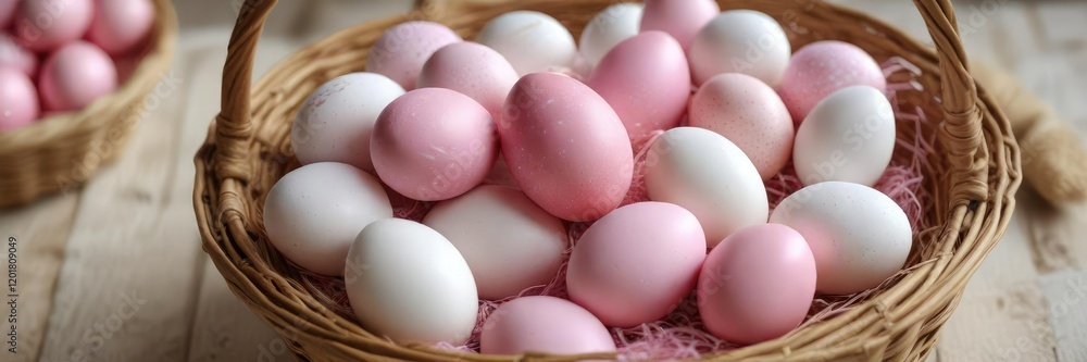 Assorted pink and white Easter eggs in a wicker basket, seasonal, container Assorted pink and white Easter eggs in a wicker basket, seasonal, container