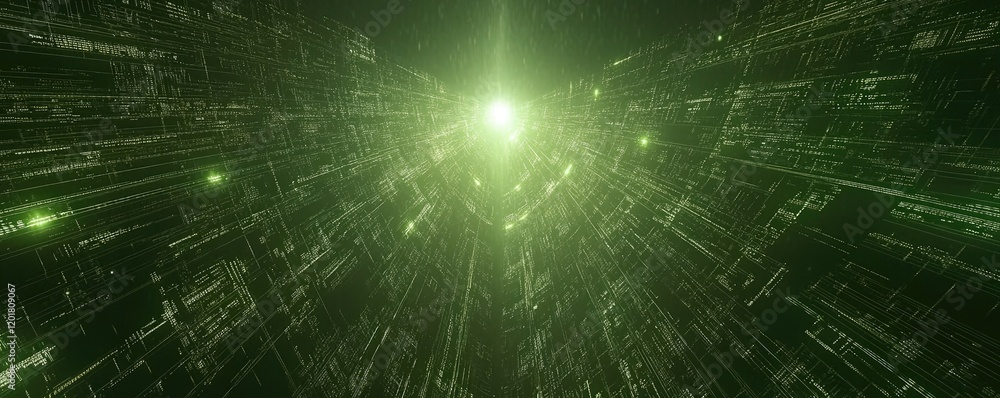 Green digital tunnel, data stream, future tech, bright light Green digital tunnel, data stream, future tech, bright light