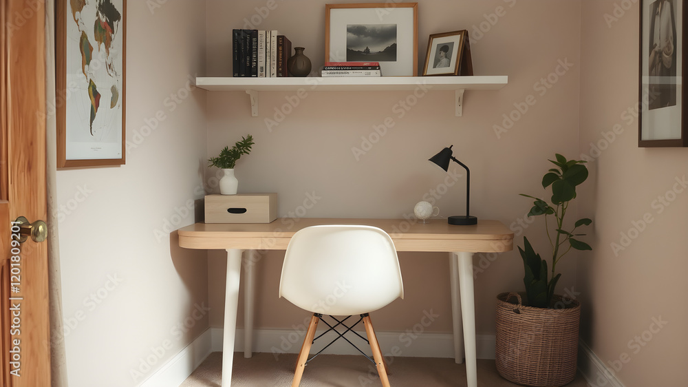 Minimalist Home Office: A minimalist home office with a desk, chair, and plant in a natural light. A picture, vase, and some books are on a shelf. Minimalist Home Office: A minimalist home office with a desk, chair, and plant in a natural light. A picture, vase, and some books are on a shelf.