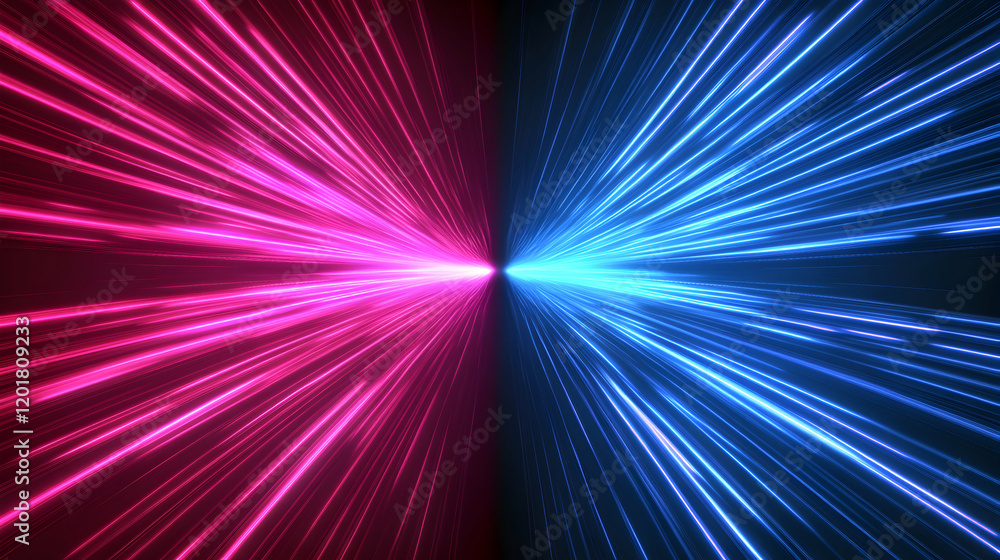 Fototapeta premium Abstract vibrant pink and blue light streaks converging at center, dynamic energy, futuristic design, perfect for backgrounds or motion graphics.