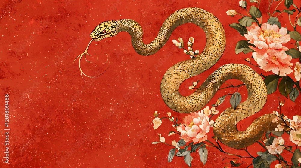 Obraz premium Minimalist Golden Snake Symbolizing the Chinese Zodiac Year of the Snake with Floral Accents on a Vibrant Red Background