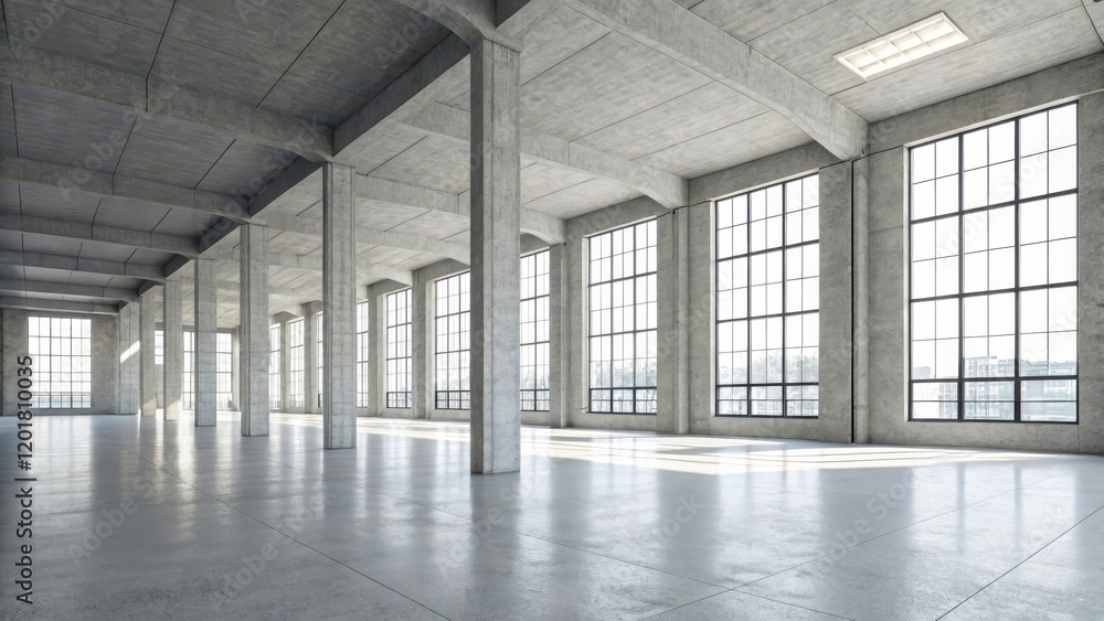 Vast industrial space with expansive windows and concrete pillars Vast industrial space with expansive windows and concrete pillars