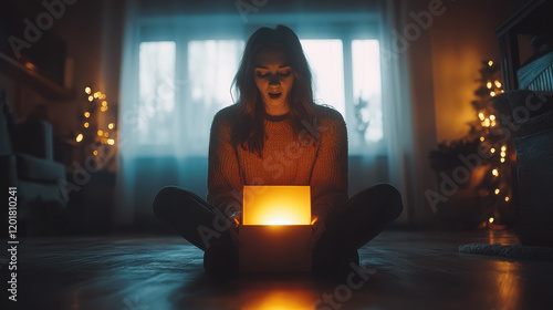 Woman sitting cross-legged in a cozy room, surprised by the glow of an illuminated box during evening hours