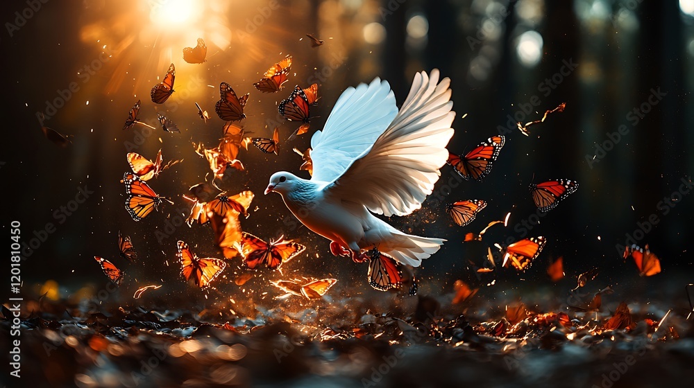 Fototapeta premium White dove soaring, butterflies, forest sunset, nature peace