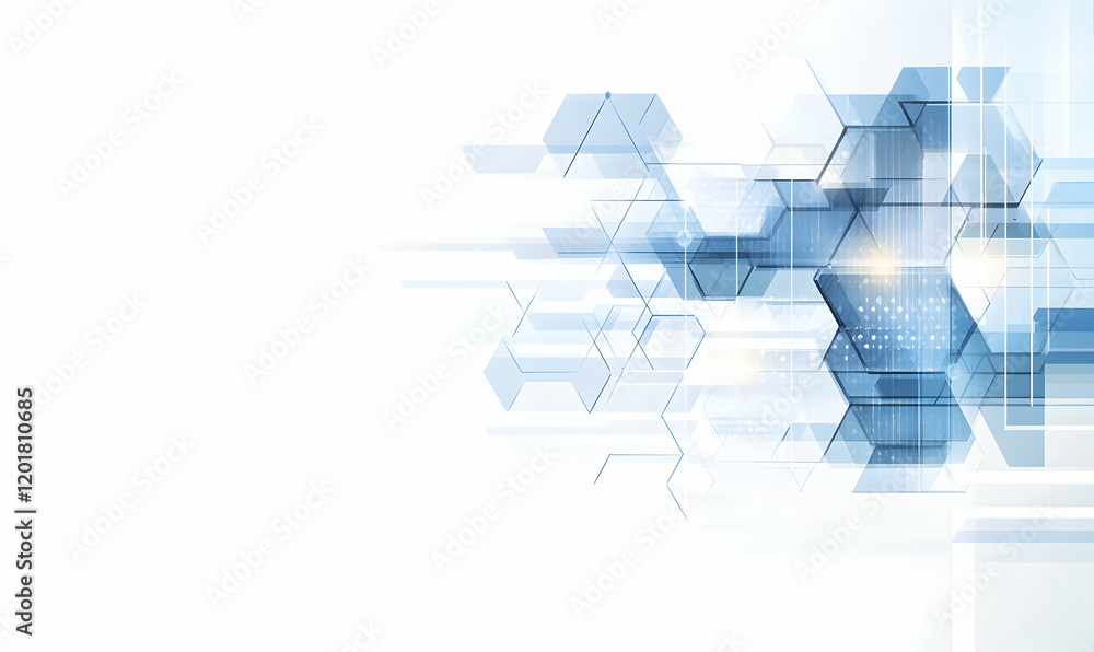 Fototapeta premium Abstract geometric background with blue hexagonal shapes and white space, ideal for technology, innovation, and futuristic concepts.
