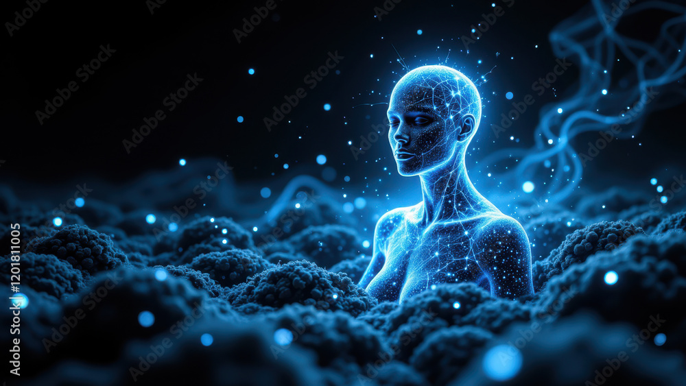 Naklejka premium Futuristic AI persona with glowing embers surrounding her form, representing an advanced virtual or artificial intelligence entity.