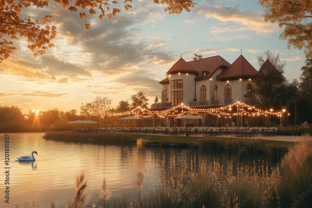 Fototapeta premium Romantic lake resort with elegant architecture and surrounded by manicured gardens