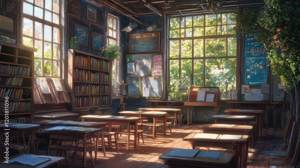 Fototapeta premium Bright classroom filled with books and sunlight in a serene learning environment