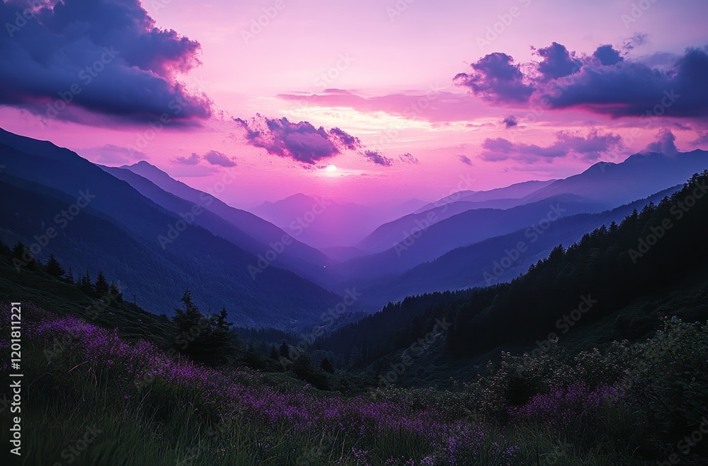 Obraz premium Beautiful Purple Sky Over Mountains at Dusk