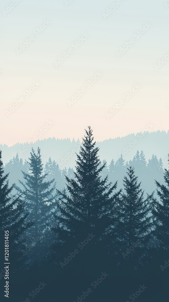 Fototapeta premium Serene Forest Landscape at Dusk with Soft Mist and Layered Pine Trees Under a Light Blue Sky