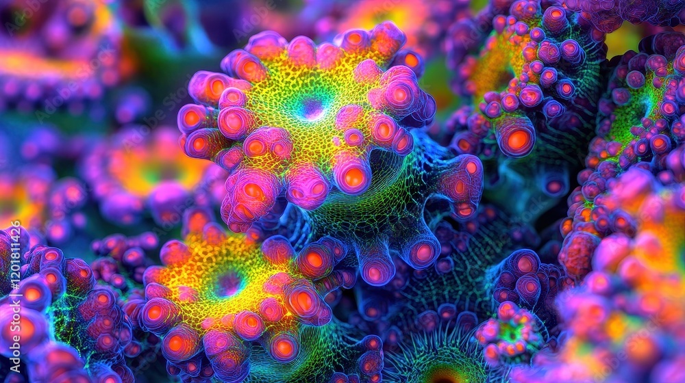 Fototapeta premium Close-up of a germ cluster in vibrant neon, [germ, microbiology, digital art], [psychedelic, hyper-detailed, glowing colors]